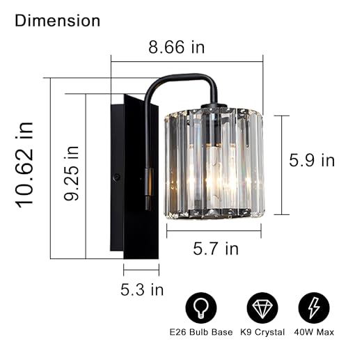 Grneric Crystal Wall Sconces,Black Sconce Wall Light Fixtures Modern Sconces Wall Lighting Single Indoor Wall Sconce for Living Room Bathroom Hallway Stairway Bedroom 10 Inch - color: Crystal Glass Sttyle