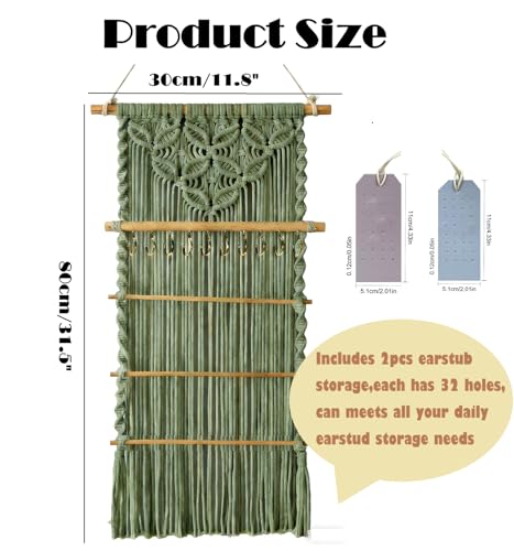Macrame Jewelry Hanger, Hanging Jewelry Organizer,Boho Earring Holder Wall Mounted Necklace Holder, Tapestry Earrings Display, Bracelet Storage Minimalist Decor Tassel for Women Room (Sage Green) - color: Sage Green