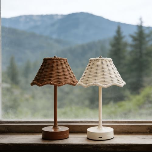 Boho Rattan Shade Table Lamp, Cordless Wicker Woven Vintage Table Lamp, 3 Colors Dimmable with Decorative Design, Ideal for Home Bedroom Living Room Office Decor (Brown) - color: Brown