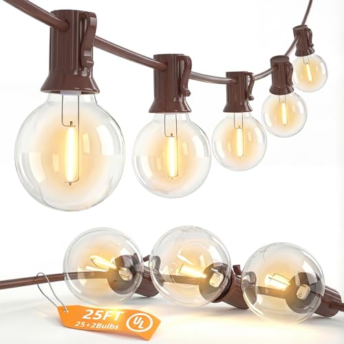 SUNSGNE 25FT Brown Outdoor String Lights, Shatterproof LED Globe String Lights with G40 Bulbs, Waterproof Connectable Hanging Light for Backyard Patio Porch Balcony Party Decor, E12 Base - color: Warm White-Brown, size: 25FT