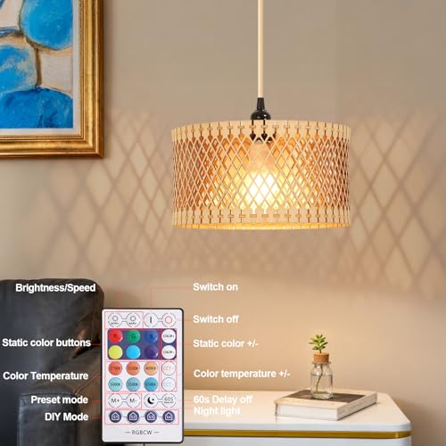 ZSLAIFU Hanging Lamp Plug in Pendant Light, 15FT Hanging Lights with Plug in Cord, Hanging Light with Bulb and Remote, Wood Shade Hanging Lamps for Bedroom, Living Room, Kitchen, Farmhouse - color: Wood - White Shade