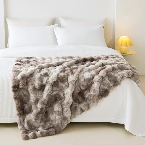 Faux Rabbit Fur Throw Blanket for Couch, Fluffy Warm Plush Thick Bubble Blanket for Bed Sofa Living Room, Soft Cozy Furry Blanket, 50x60 inches, Tie-dye Brown - color: Tie-dye Brown, size: Throw50"x60"