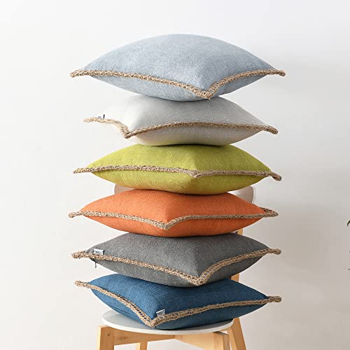 Set of 2 Farmhouse Throw Pillow Covers - Burlap Linen Trimmed Tailored Edges Decorative Cushion Covers for Bed Home Outdoor Decoration (2 Pieces, 24" x24", Grey 3/ Linen Band) - color: Grey, size: 24" x 24" (Pack of 2)