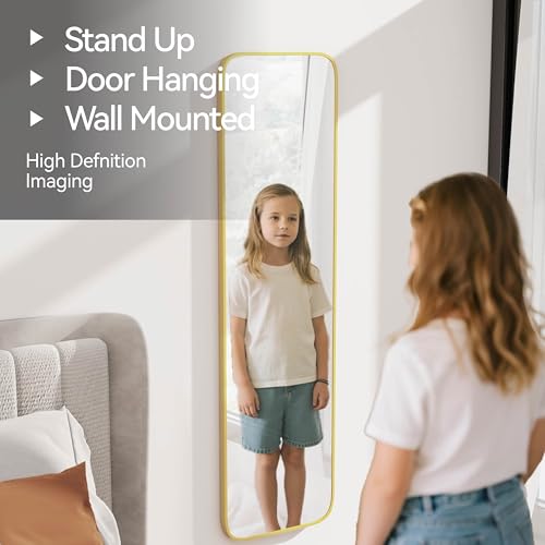SCWF-GZ 57x16 Full Length Mirror Over The Door Hanging, Floor Stand/Wall Mounted Aluminum Alloy Frame Dressing Mirror for Bedroom Living Room 57 inch Gold - color: Gold, size: 57"L x 16"W