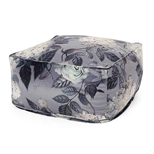 Foamma Pouf Ottoman Gray+ Flower, 24"x24"x12" - Square Ottoman Foot Rest for Living Room and Bedroom, Pouf Footstool with Velvet Cover, Foot Rest for Couch, Boho Furniture for Home - color: Gray + Flower