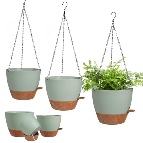 3 Pack Hanging Planter Indoor Outdoor Flower Pots 7/6.5/5 Inch, Self-Watering Hanging Pot with Drainage Holes Hanging Baskets Holder Plant Pots for Garden (Green) - color: Green, size: 7/6.5/5 Inch