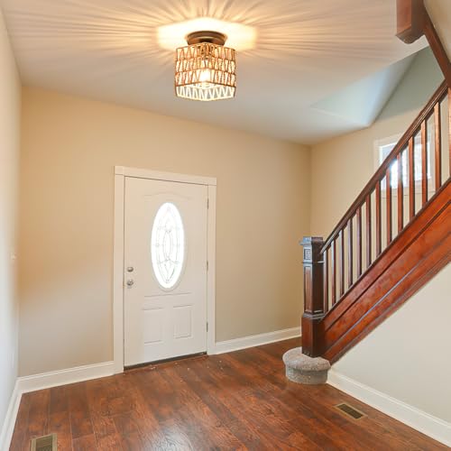 Hand-Woven Rattan Flush Mount Ceiling Light,Farmhouse Light Fixtures Ceiling Mount Boho for Hallway Bedroom Kitchen Entryway Living Room - color: Hexagon 2 Pack