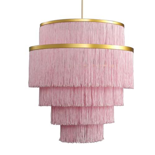 5-Tiered Pink Chandelier,3 Lights Boho Fringe Pendant Light Fixture,Tassle Chandelier for entryway,Dining Room,Baby Nursery,Gold and Pink - color: Pink-Pendant