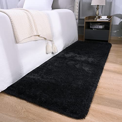 DETUM Black Bedroom Rug 2X6 Runners Fluffy Area Rugs for Hallyway Entryway Kitchen Bedside Soft Kids Room Rugs Furry and Washable Kids and Pets Friendly - color: Black, size: 2 x 6 feet