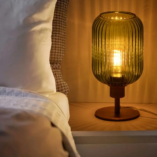 Mid Century Glass Table Lamp,Dimmable Desk Lamp,LED Bulb Included,Timer Build-In,Green Ribbed Glass - color: Green Ribbed, size: Timer