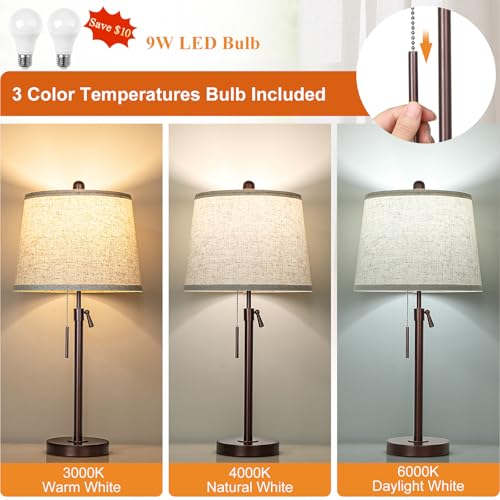 Table Lamps Set of 2, 22" to 30"Adjustable Height Bedside Lamps for Living Room 3 Color Temperatures Tall Nightstand Lamps Modern Brown Table Lamp for Bedroom Office End Table (Bulbs Included) - color: Brown+Beige Shade Set of 2