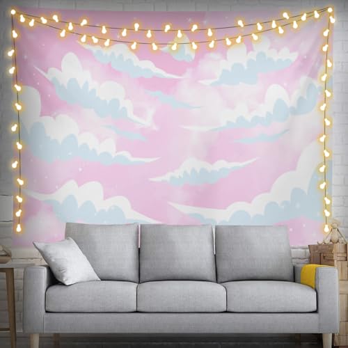 Keiutexe Pink Cloud Aesthetic Tapestry 60" X 40" Cute White Heaven Sky Wall Hanging Party Decorations Home Decor For Bedroom Living Room Dorm (150 X 100cm) - color: Pink Sky, size: 60 X 40 Inch