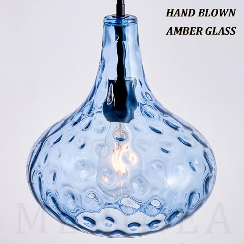 11" Hand-Blown Blue Glass Pendant Light, Hammered Glass Shade with Black Finish, Adjustable Modern Hanging Light Fixture for Kitchen Island, Dining Room, Hallway, Living Room - color: Blue Rod