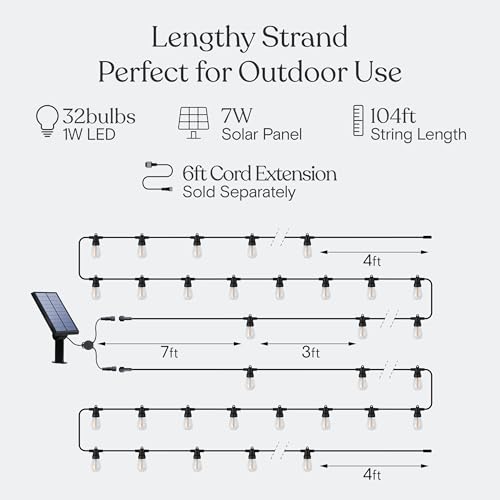 Brightech 104 (52x2) FT Ambience Pro Solar Powered Outdoor LED String Lights - Waterproof Remote Control Lights - 32 Bulbs, 7W Solar Powered Soft White Light for Camping, Patio, Garden - color: Super Bright, size: 104 Feet