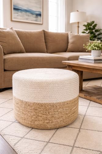 Jute Pouf Ottoman | Footrest Pouf | Hand Braided - Round Boho Pouffe - for Living Room, Bedroom, Nursery (18"x18"x12") Ivory - color: Ivory, size: 18"D x 18"W x 12"H