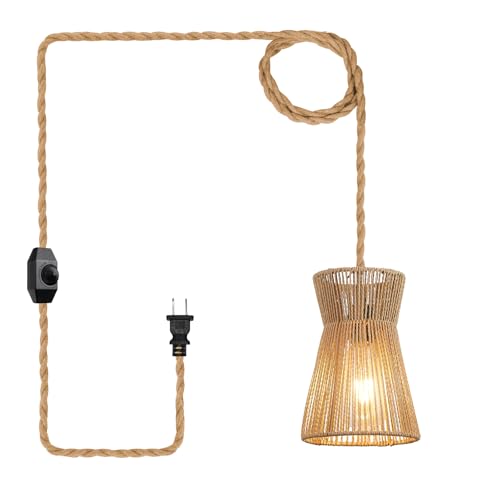 15ft Plug in Pendant Light with Cord Dimmable Switch Rattan Hanging Lamp with Hand Woven Wicker Plug in Chandelier Boho Hanging Lights Fixture for Bedroom Kitchen Hallway Foyer - size: Plug 1 Light