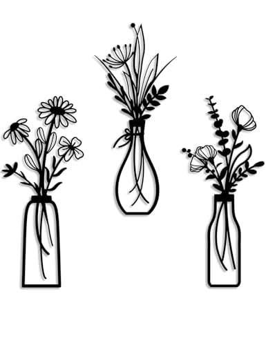 Conmetal 3 Pieces Metal Flowers Wall Arts - Rustic Farmhouse Decor Beige Minimalist Flower Wall Decors for Living room Bathroom Bedroom Dining Room-Housewarming Gifts (Beige, Vase-C) (A)