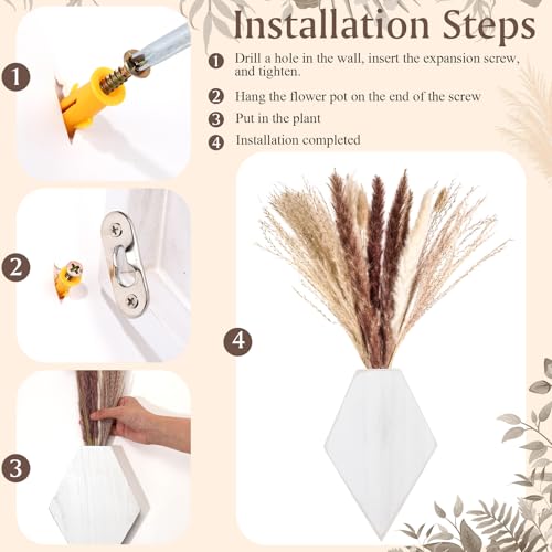 2 Pcs Bohemian Wooden Wall Planter Set with Pampas Grass Modern Farmhouse Wall Decor for Living Room, Bathroom, Bedroom, Office(White Distressed,Regular Style) - color: White Distressed, style: Regular Style
