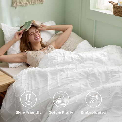 Bedsure Boho Twin Duvet Cover Size - White Breathable & Soft Boho Bedding, Machine Washable Comforter Cover for All Seasons, Includes 1 Duvet Cover 68"x90" with 1 Pillow Sham & Zipper Closure - color: 01 - White (No Comforter), size: Twin/Twin XL (68" X 9