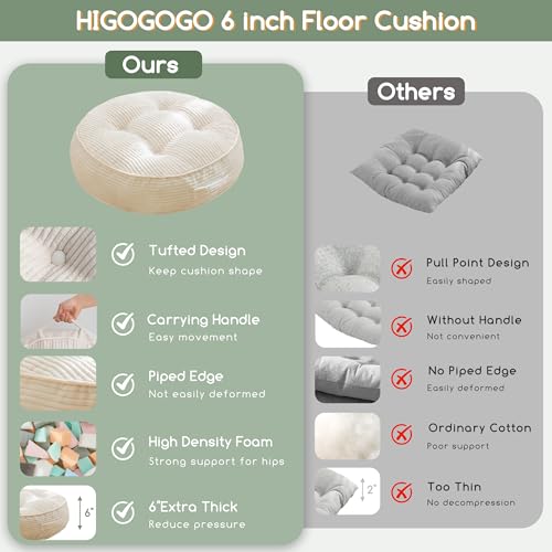 HIGOGOGO 6" Extra Thick Floor Pillow Cushion for Adults, Meditation Cushion Pillow, Large Round Floor Sitting, Tufted Corduroy Cover, for Tatami Living Room or Yoga, 22x22 Inch, 2Pack, Beige - color: Round Beige, size: 6" Thick(Pack of 2)