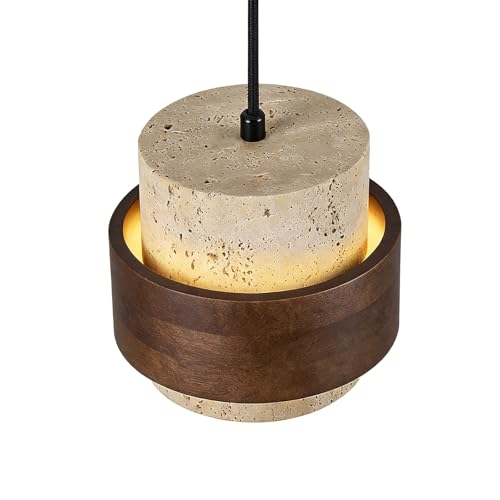 Natural Travertine Pendant Light, Modern Wabi-Sabi Hanging Lamp with Wood Accent, Minimalist Stone Ceiling Light Fixture for Kitchen Island, Dining Room, Cafe, Warm White LED Compatible