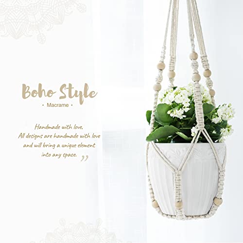 Mkono Macrame Plant Hanger Indoor Hanging Planter Basket with Wood Beads Decorative Flower Pot Holder No Tassels for Indoor Outdoor Boho Home Decor 35 Inch, Ivory, Set of 1 (POTS NOT Included) - color: Ivory