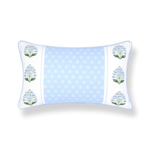 Hofdeco Premium Grandmillennial Coastal Hampton Patio Indoor Outdoor Lumbar Pillow Cover Only, 12"x20" Water Repellent for Backyard, Couch, Poolside, Blue Green Block Print Striped Lily of the Valley - color: Baby Blue Green Block Print Striped Lily of th