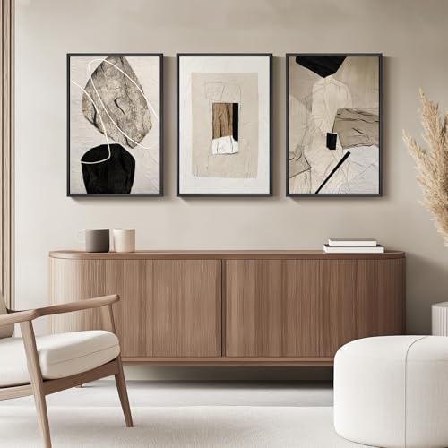 Framed Neutral Abstract Wall Art, Set of 3 Modern Canvas Prints Paintings Artwork for Walls, Minimalist Black and Beige Pictures for Living Room Hallway Stair Bedroom Office Wall Decor 16x24 Inch - color: Neutral, size: 16" W x 24" H x 3pcs