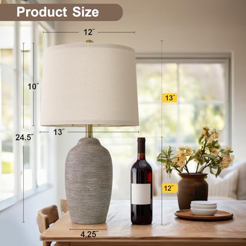 USumkky 24.5" Handcrafted Ceramic Table Lamp with 5FT Cord, Single Farmhouse Vintage Rustic Bedside Lighting for Living Room Bedroom Entryway Linen Shade Nightstand End Table Decor (Bulb Not Included) - color: 24.5" Purple-grey