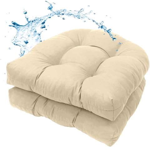 MTMR Outdoor Chair Cushions Set of 2, 19x19 Waterproof Wicker Seat Cushions for Patio Furniture, Thick Tufted Outdoor Replacement Furniture Pad for Porch Lawn Wicker Desk Dining Rocking Chair, Cream - color: Cream