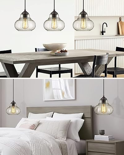ELYONA 2 Pack Bubble Glass Pendant Lights, 8 Inch Vintage Hanging Lamp Seeded Glass Industrial Pendant Light Fixtures for Kitchen Island, Farmhouse, Bar, Bathroom, Dining Room, Oil Rubbed Bronze - color: Bronze-2 Pack