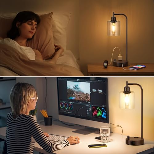 Innqoo Industrial Table Lamps for Bedrooms Set of 2 - Fully Dimmable Bedside Lamps with USB Ports and Outlet, Brown Nightstand Lamps with Glass Shade for Living Room, Desk Lamps for Office Reading - color: Brown