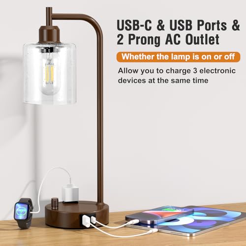 Innqoo Industrial Table Lamps for Bedrooms Set of 2 - Fully Dimmable Bedside Lamps with USB Ports and Outlet, Brown Nightstand Lamps with Glass Shade for Living Room, Desk Lamps for Office Reading - color: Brown