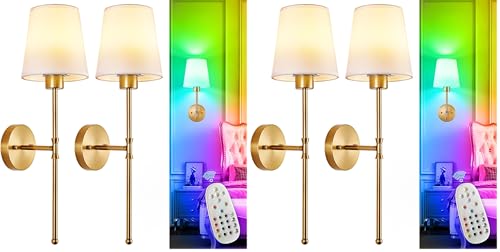 Depuley Battery Operated Wall Sconce: Set of 2 Wireless Wall Lights with Remote for Bedroom - Rechargeable 15 Colors Gold Wall Lamp for Living Room Hallway (Pack of 2) - color: Gold, size: 24 Inch Set of 2 (Pack of 2)