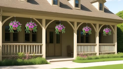 Ammyoo Artificial Flowers in Hanging Basket Planter for Home Spring Summer Decoration, Silk Hydrangea Outdoor Indoor Arrangements, 12" Metal Coconut Lining Basket with Faux Plant(Purple) - color: Z-purple With Basket