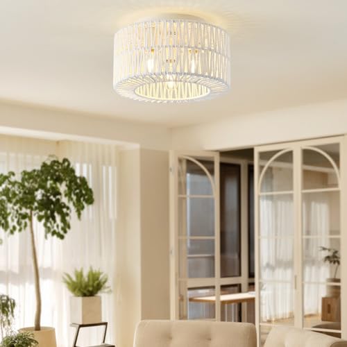 12.6" Rattan Flush Mount Ceiling Light Fixtures, 3-Light Boho Light Fixture Rattan Hand-Woven Chandelier Close to Ceiling Light Fixture for Bedroom Hallway Kitchen Dining Room Nursery(White) - color: 12.6”White