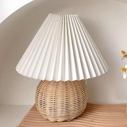 Pleated Table Lamp, Rattan Small Bedside Mini Table Lamp for Bedroom Pleated Table Lamp Handmade Boho Rattan Bedside Lamp Desk Light for Room Desk Entrance 9.4x11.0x5.5in