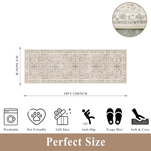 3x10ft Hallway Runner Rug Non-Slip Washable – Soft Long Carpet Runner for Kitchen Indoor Entryway,Boho Floral Low Pile Thin Wide Rug Runner with Rubber Backing (Beige,3x10) - color: Beige, size: 3' x 10' (Rectangular)