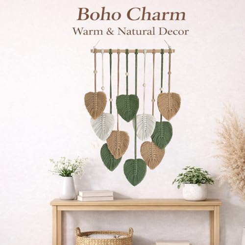 TUDRUKU Macrame Wall Hanging, Green Leaf Boho Wall Decor, 15.7 x 36 in - color: Green