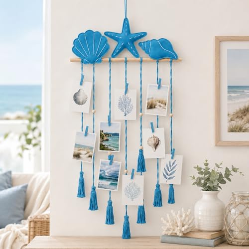 Ocean Blue Hanging Photo Display Macrame Wall Decor Starfish Seashell Photo Wall Display with 30 Wooden Clips Seaside Picture Holder for Teenage Girl Gift Beach Nautical Coastal Room Decor - color: Blue, style: Ocean
