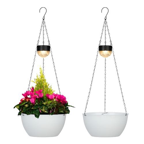 BAYN 2 Packs Solar Hanging Basket Planters for Plants Outdoor, Self Watering White Flower Plants Pots with Solar Light Drainer for Balcony Patio Garden Outdoor Decoration - color: White