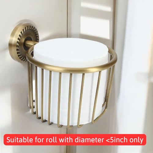 Vintage Bronze Wall Mounted Toilet Paper Holder – Antique Brass Bathroom Accessories Tissue Dispenser with Stable Metal Stand, Wire Basket Storage Rack - for Roll with Diameter <5inch Only