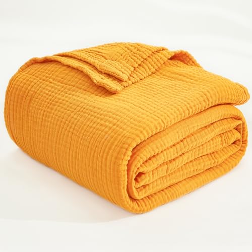 EMME Cotton Throw Blanket for Couch Mustard Yellow Soft Muslin Blankets 50"x60" Lightweight Breathable - color: 15 - Mustard Yellow, size: Throw (50" x 60")