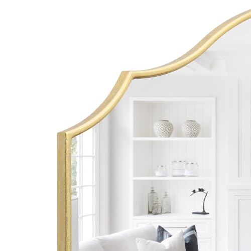 Besdomus Gold Scalloped Mirror for Dresser: 35"x26" Modern Wooden Mantel Mirror - Minimalist Decorative Wall for Vanity/Bedroom/Fireplace/Entryway - Ideal for 20-44 Age Fashion Women - color: Gold Leaf, size: 26"L x 35"W