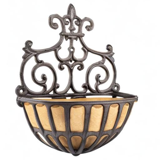 Sungmor 2PC Small Cast Iron Baskets, Heavy-Duty Wall Hanging Hollow Planter w/Fabric Liner, Antique Victoria Half Round Wall Pot Plants Holder, Outdoor Railing Fence Balcony Hanging Basket Flower Pot - color: Rustic Brown - Small