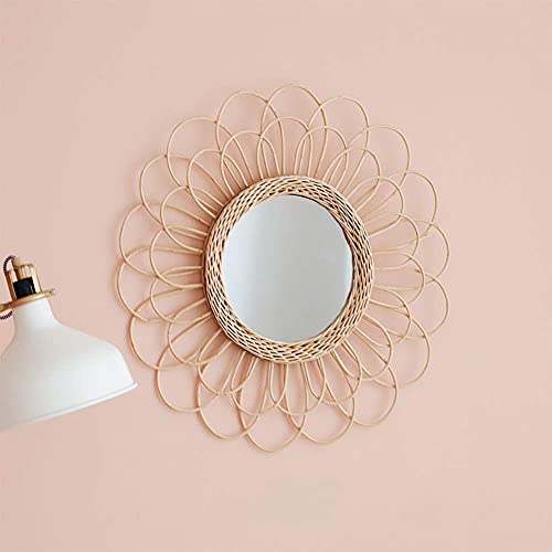 OYPEIP 22" Large Rattan Innovative Art Decoration Round Makeup Mirror Dressing Bedroom Bathroom Wall Hanging Mirrors Craft Photo Props,Glass Decor