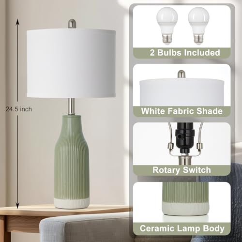 24.5" Ceramic Table Lamps Set of 2 for Bedroom, Sage Green Table Lamps for Living Room End Table, Small Farmhouse Bedside Lamps for Nightstands (2 LED Bulbs Included) - color: Sage Green - 24.5"H
