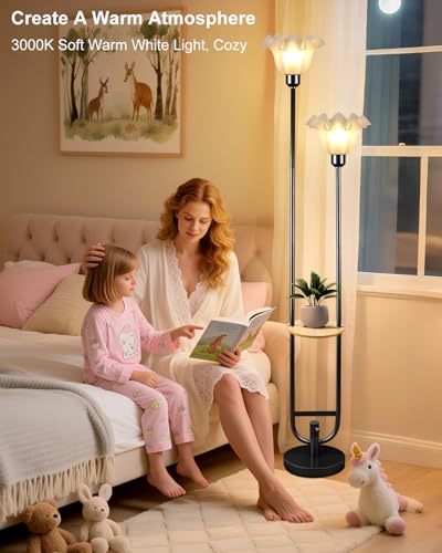 Flower Floor Lamps with Table, 2-Lights Floral Floor Lamp Dimmable, 3000K Warmwhite Modern Floor Lamp, Vintage Black Standing Lamp with 5Lbs Heavy Base for Living Room Bedroom Girls Room - color: 2 Flower-Black