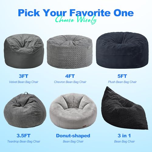 Hobestluk 3 in 1 Bean Bag Chair Giant Bean Bag Chairs for Adults with Chevron Plush Fur Cover Convertible Bean Bag Floor Cushion with Machine Washable Cover for Living Room (Chevron Plush Black) - color: Coal Black