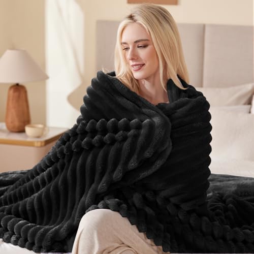 EXQ Home Fleece Throw Blanket for Couch or Bed - 3D Stripe Jacquard Decorative Blankets - Cozy Soft Lightweight Fuzzy Flannel Blanket Suitable for All Seasons(50"×60",Black) - color: Black, size: Throw